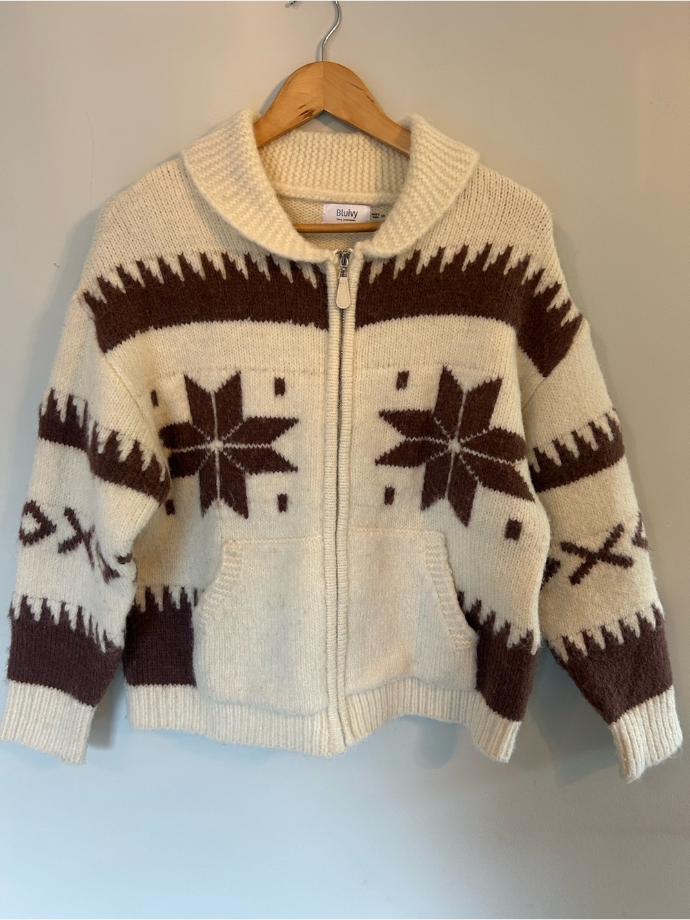Bluivy Nordic Zip Up Sweater Snowflake Warm Cream Brown Winter Earthy S-M